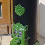 Poêle à bois Godin Grand Rond 3721A – Vert Majolique, 10 kW – Restauration complète